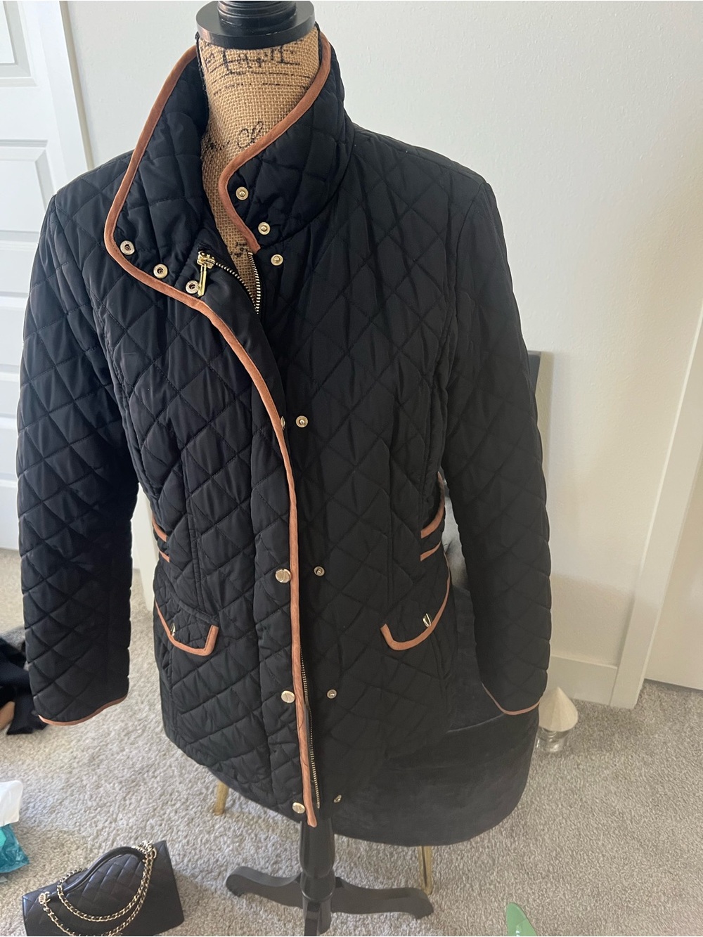Women's Black Quilted Puffer Jacket with Tan Trim